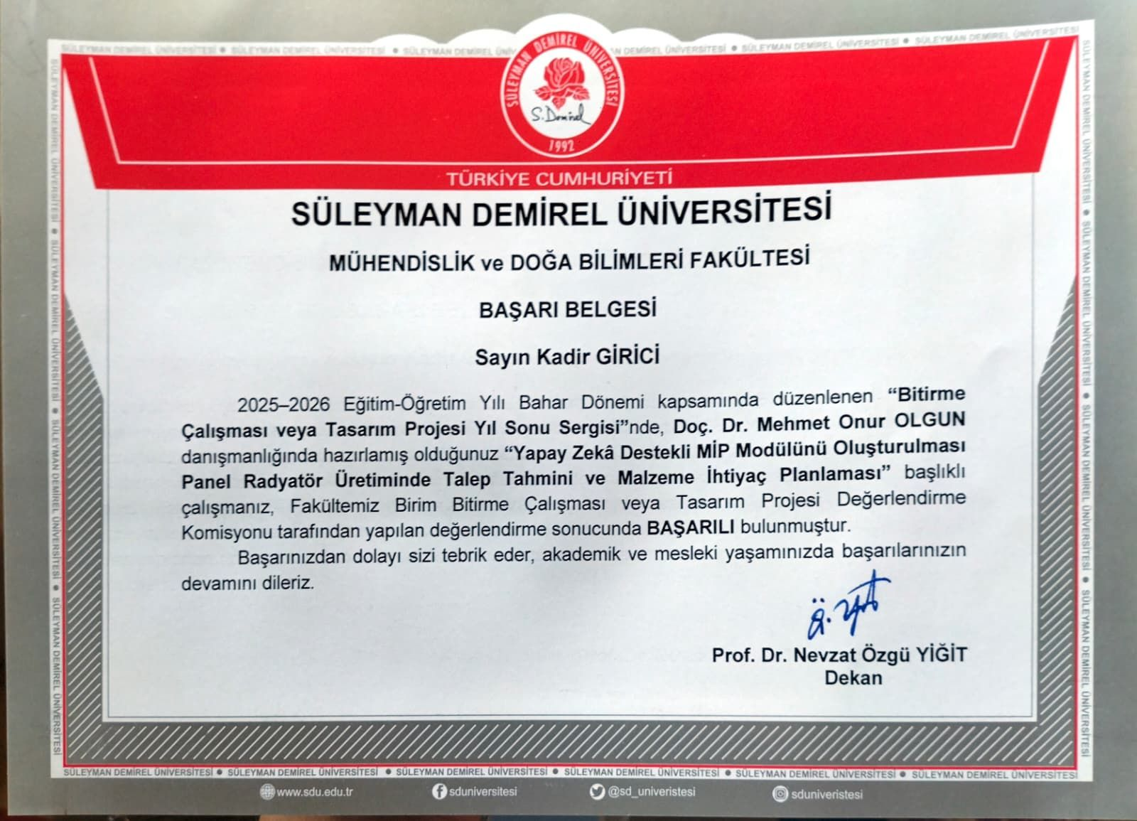 SDÜ Mühendislik ve Doğa Bilimleri Fakültesi başarı belgesi