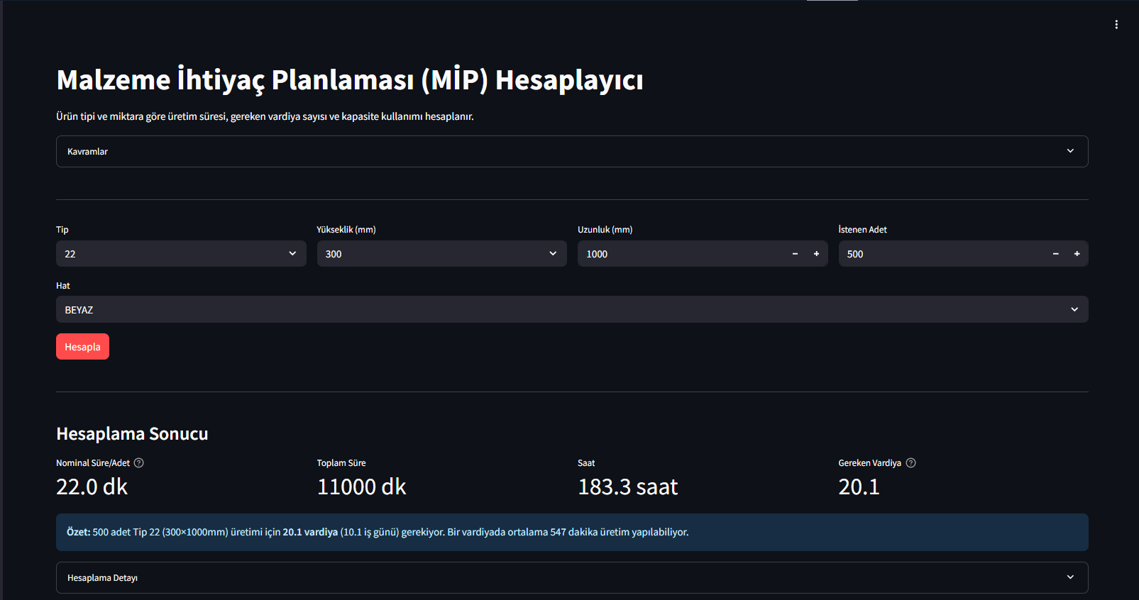 MİP modülünün tahmin ve planlama ekranı