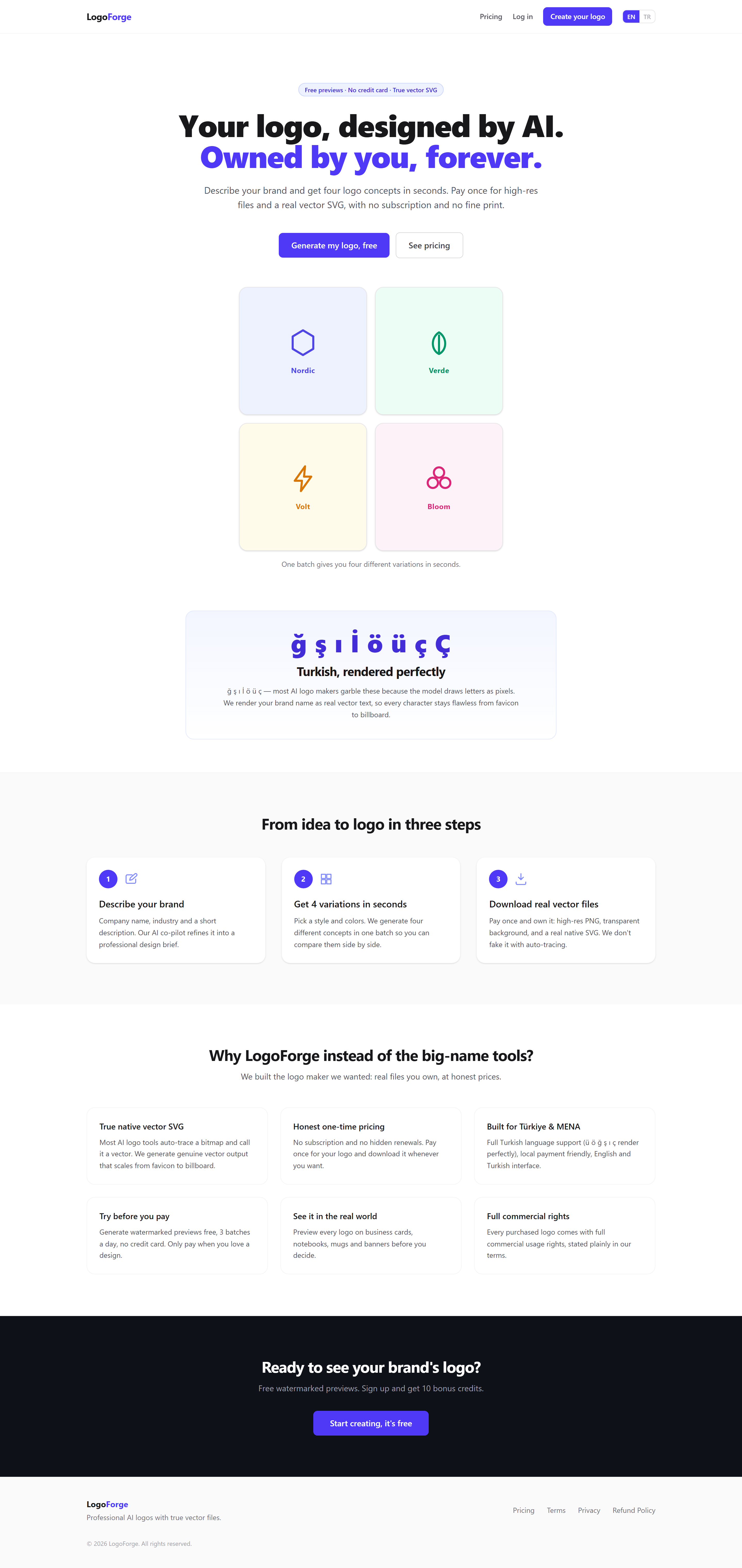 Logo Forge landing page: value proposition and the Turkish differentiator band